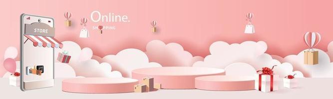 Papierkunst online einkaufen auf Smartphone und neue Kaufverkaufsförderung rosa Hintergrund für Banner Markt E-Commerce. vektor