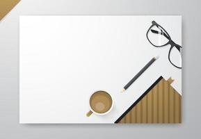 designer arbetsplats. ovanifrån skrivbord med glasögon, anteckningsböcker, kaffekopp och penna på vit bakgrund. mockup med kopieringsutrymme. vektor illustration