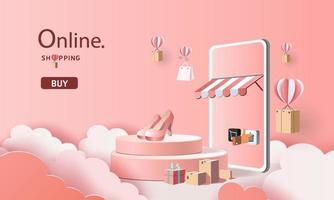 Online-Shopping mit Papierkunst auf dem Smartphone und Hintergrund für den Kauf von Verkaufsfans für den E-Commerce auf dem Bannermarkt. vektor