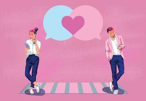 junges Paar, das Liebesbotschaften herzförmigen Valentinstag sendet dieser romantische und niedliche rosa Ton sieht gut aus, um Liebe zu sagen, Smartphone oder Gerätebildschirmvektor flache Designillustration zu verwenden. vektor