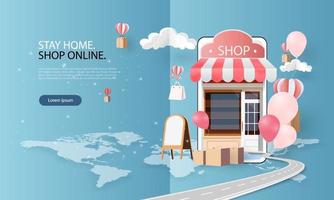 Papierkunst online einkaufen auf Smartphone und neue Kaufverkaufsförderung rosa Hintergrund für Banner Markt E-Commerce.