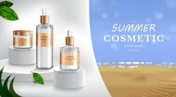 reklam för solskyddsmedel och spray. kosmetiskt rör och realistisk flaska vid stranden och havet. varumärkes- och förpackningsmall. vektor illustration