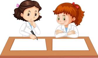 två unga forskare uniform med blankt papper på bordet vektor