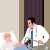 stationär Behandlung. Alten geduldig Lügen auf medizinisch Bett unter tropfen im Krankenhaus Station während Besuch zu Arzt. Panik nach Chirurgie vektor