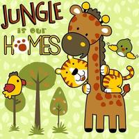 süß Tiger Reiten auf Giraffe mit Vögel im Wald, Vektor Karikatur Illustration