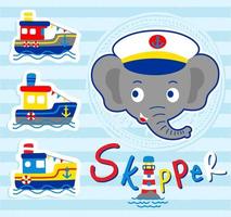 süß Elefant Lächeln Gesicht mit nautisch Schiff und Leuchtturm, Vektor Karikatur Illustration