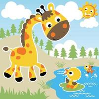 süß Giraffe mit wenig Ente und Fisch im Fluss, lächelnd Sonne hinter Wolken, Vektor Karikatur Illustration