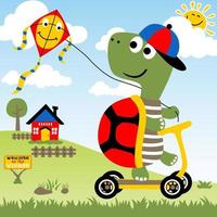 rolig sköldpadda spelar drake med skoter i landsbygden, vektor tecknad serie illustration