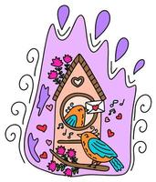 Vögel im Liebe singen und geben ein Brief von Liebe im das Vogelhaus. Herzliche Glückwünsche auf Valentinstag Tag und März 8. diese ist ein Vektor Bild im das Stil von ein Comic Buch