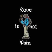 Hand gezeichnet Vektor Illustration oder Zeichnung von ein jung Mann mit ein Rucksack halten ein Blume im seine Hand und das Text 'Liebe ist nicht Schmerz'.