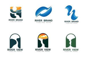 Flusslogodesign, Flussbachvektor, Flussuferillustration mit einer Kombination aus Bergen und Natur, Produktmarke vektor