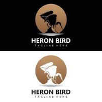 Vogelreiher-Storch-Logo-Design, Vogelreiher, der auf dem Flussvektor fliegt, Produktmarkenillustration vektor
