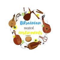einstellen von Hand gezeichnet traditionell slawisch, ukrainisch Musical Instrumente. bandur, Tambourin, Akkordeon, Leier, Becken, ukrainisch Geige, sopilka. Vektor Illustration