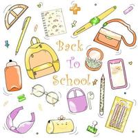 vektor illustration av skola förnödenheter. handväska, glasögon, hörlurar, anteckningsbok. flickaktigt Tillbehör. delikat skola leveranser