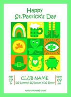 st Patrick's Tag Einladung oder Poster. trippy Stil. irisch Symbole von das Urlaub. 17 Marsch. großartig zum Karte, Banner, drucken, Hintergrund, Flyer, festlich Dekor. modisch y2k retro Hippie drucken. eben Vektor