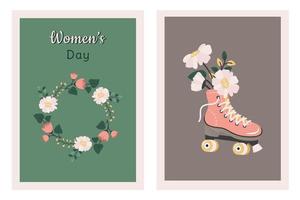 kvinnors dag affisch med blommor, vält skridskor, blommig krans. uppsättning av kvinnor dag kort, Mars 8, födelsedag, mors dag. vår bakgrund. vektor hand dragen platt illustration för webb, skriva ut, högtider