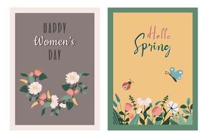 uppsättning av kvinnor dag hälsning kort, Mars 8, födelsedag, mors dag. vår bakgrund med blommor, fjäril, nyckelpiga, blommig krans. kvinnors dag affisch. vektor hand dragen platt illustration