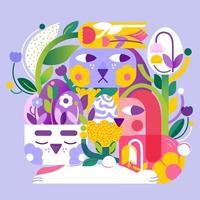 glücklich Ostern Illustration im ein abstrakt Stil mit Hasen, Ostern Eier und viele von Grün und Blumen Das tauchen das Zuschauer im Frühling. vektor