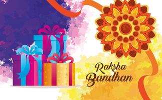 Grußkarte mit dekorativem Rakhi für Raksha Bandhan und Geschenkboxen vektor