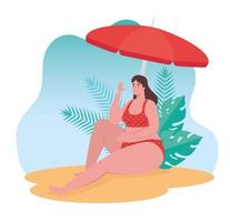 söt kvinna i baddräkt som sitter på stranden, sommarsemester vektor