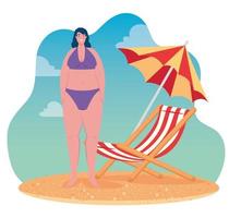 söt kvinna i baddräkt på stranden, sommarsemester säsong vektor