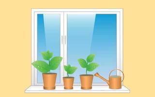 plantor i vår i kastruller stå på de fönsterbräda, vattning burk. ung växter på de fönster, himmel. modern platt vektor illustration utan raster effekter
