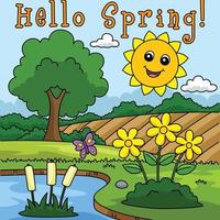 Hallo Frühling lächelnd Sonne farbig Karikatur vektor