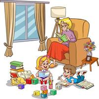 familj teckning.kvinna läsning bok och barn studerar tecknad serie vektor