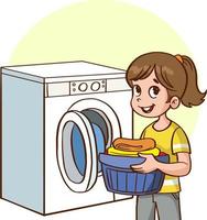 flicka tvättning kläder i de tvättning maskin tecknad serie vektor