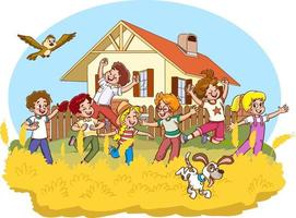 glücklich süß Kinder Junge und Mädchen springen Karikatur Vektor