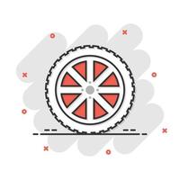 Auto-Rad-Symbol im Comic-Stil. Fahrzeugteil-Cartoon-Vektorillustration auf weißem, isoliertem Hintergrund. Reifen-Splash-Effekt-Geschäftskonzept. vektor