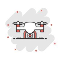 Drohnen-Quadrocopter-Symbol im Comic-Stil. Quadcopter-Kamera-Vektor-Cartoon-Illustration auf weißem, isoliertem Hintergrund. Hubschrauberflug-Geschäftskonzept-Splash-Effekt. vektor