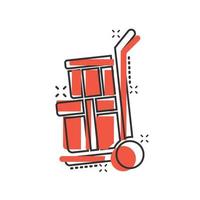 Cargo-Trolley-Symbol im Comic-Stil. Lieferung Box Cartoon-Vektor-Illustration auf weißem Hintergrund isoliert. Geschäftskonzept für den Versand von Kartons mit Splash-Effekt. vektor