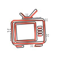 TV ikon i komisk stil. tv tecknad serie tecken vektor illustration på vit isolerat bakgrund. video kanal stänk effekt företag begrepp.