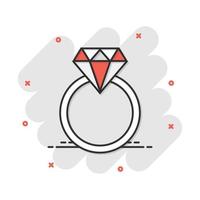 vektor tecknad serie engagemang ringa med diamant ikon i komisk stil. bröllop smycke ringa illustration piktogram. roman relation företag stänk effekt begrepp.