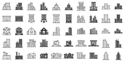 byggnad ikon uppsättning i platt stil. stad skyskrapa lägenhet vektor illustration på vit isolerat bakgrund. stad torn företag begrepp.
