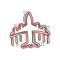 Flugzeug-Symbol im Comic-Stil. Flugzeugkarikatur-Vektorillustration auf weißem lokalisiertem Hintergrund. Geschäftskonzept mit Splash-Effekt für Fluglinienflugzeuge. vektor