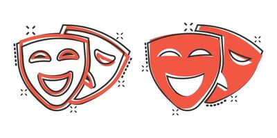 Theatermasken-Symbol im Comic-Stil. Komödie und Tragödie Cartoon-Vektor-Illustration auf weißem, isoliertem Hintergrund. Lächeln Gesicht Spritzeffekt Geschäftskonzept. vektor