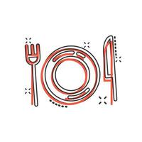 gaffel, kniv och tallrik ikon i komisk stil. restaurang vektor tecknad serie illustration på vit isolerat bakgrund. middag företag begrepp stänk effekt.