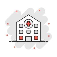 Vektor-Cartoon-Krankenhaus-Gebäude-Symbol im Comic-Stil. Krankenstation medizinische Klinik Zeichen Abbildung Piktogramm. Splash-Effekt-Konzept für das Gesundheitsgeschäft. vektor
