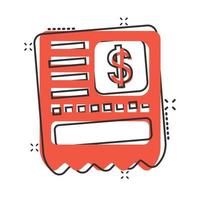 Geld-Scheck-Symbol im Comic-Stil. Scheckheftkarikatur-Vektorillustration auf weißem lokalisiertem Hintergrund. Finanzgutschein-Splash-Effekt-Geschäftskonzept. vektor