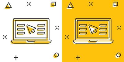 Laptop-Computer-Symbol im Comic-Stil. Cursor auf Notebook-Cartoon-Vektorillustration auf weißem, isoliertem Hintergrund. Splash-Effekt-Geschäftskonzept überwachen. vektor
