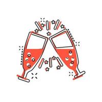 champagne glas ikon i komisk stil. alkohol dryck vektor tecknad serie illustration på vit isolerat bakgrund. cocktail stänk effekt företag begrepp.