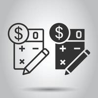 beskatta betalning ikon i platt stil. budget faktura vektor illustration på vit isolerat bakgrund. kalkylator med dollar mynt och penna företag begrepp.