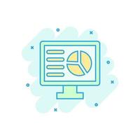 Analytisches Monitorsymbol im Comic-Stil. Diagrammvektorkarikaturillustration auf weißem lokalisiertem Hintergrund. Statistik-Business-Konzept-Splash-Effekt. vektor