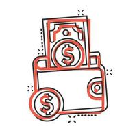 plånbok ikon i komisk stil. handväska tecknad serie vektor illustration på vit isolerat bakgrund. finansiera väska med dollar och cent stänk effekt företag begrepp.