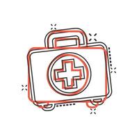 Erste-Hilfe-Kit-Symbol im Comic-Stil. gesundheit, hilfe und medizinische diagnosevektorkarikaturillustration auf weißem lokalisiertem hintergrund. Arzttasche Geschäftskonzept Splash-Effekt. vektor