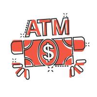 Geldautomaten-Symbol im Comic-Stil. Tauschen Sie Bargeldkarikatur-Vektorillustration auf weißem lokalisiertem Hintergrund aus. banknote bill splash effekt geschäftskonzept. vektor