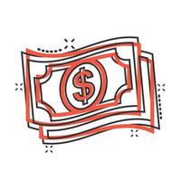 Geld-Dollar-Symbol im Comic-Stil. Tauschen Sie Bargeldkarikatur-Vektorillustration auf weißem lokalisiertem Hintergrund aus. banknote bill splash effekt geschäftskonzept. vektor