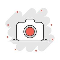 Fotokamera-Symbol im Comic-Stil. Fotograf Cam Ausrüstung Vektor Cartoon Illustration Piktogramm. Kamera-Business-Konzept-Splash-Effekt.